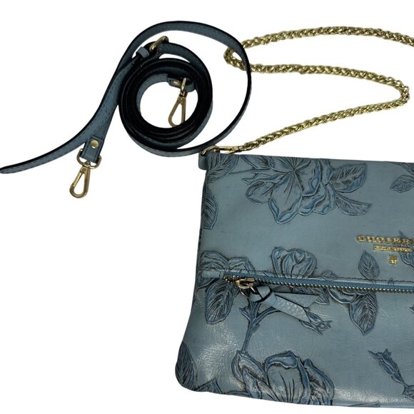Cuoieria Fiorentina Embossed Blue Floral Leather Crossbody Bag Gold Chain Strap - Picture 5 of 14